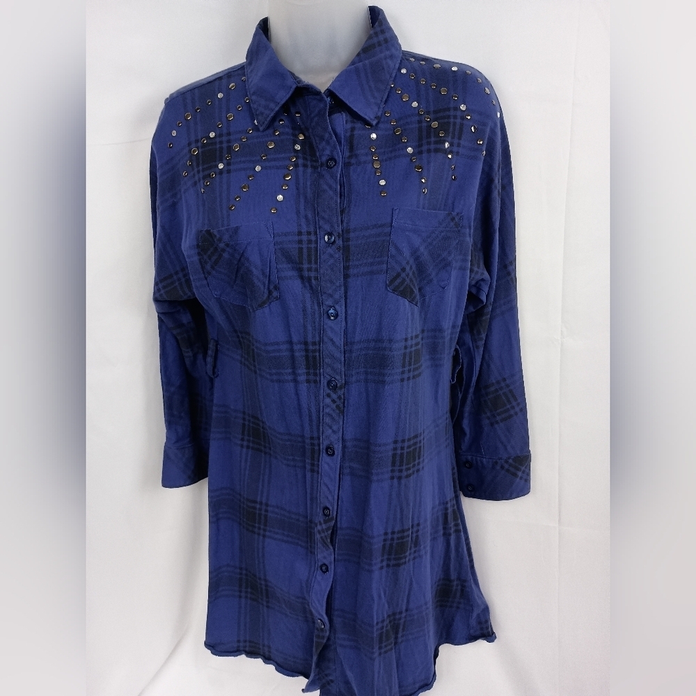 2/$30 AMERICAN RAG Studded Blue & Black Plaid Western Button Down Tunic (#1,287)